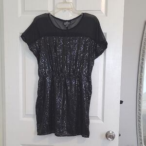 Angie Black Sequin Mini Dress Elastic Waist Sheer Shoulders Holiday Sz Small
